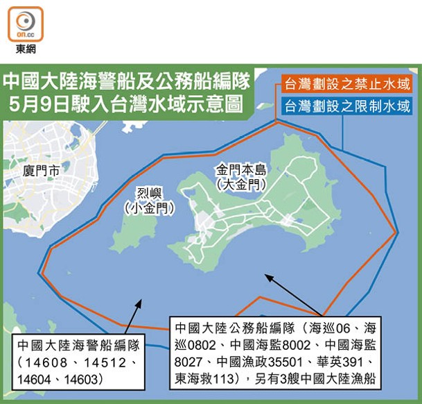 中國大陸海警船及公務船編隊5月9日駛入台灣水域示意圖