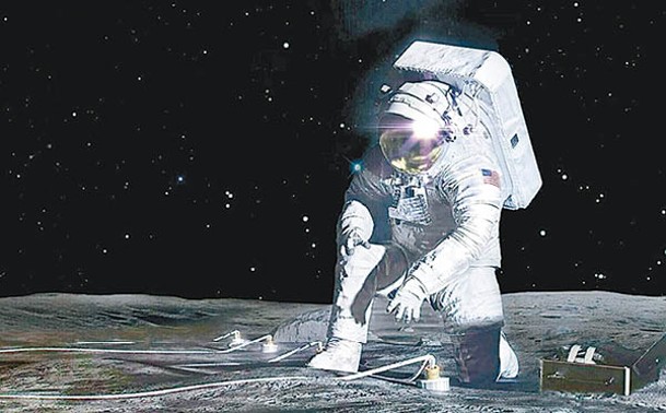 太空人在月球表面部署儀器；圖為概念圖。