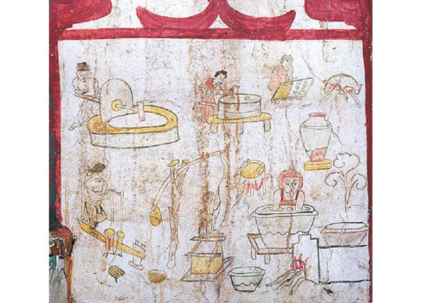 壁畫描繪男女分工合作，將穀物從脫殼、磨粉、製作麵食等過程。