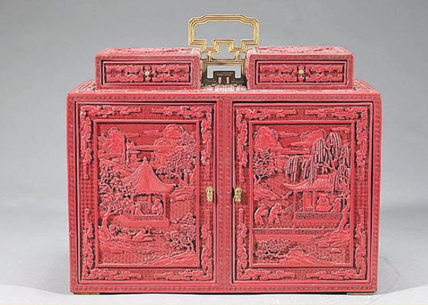 中方展出清代剔紅山水樓閣人物紋雙聯提盒。