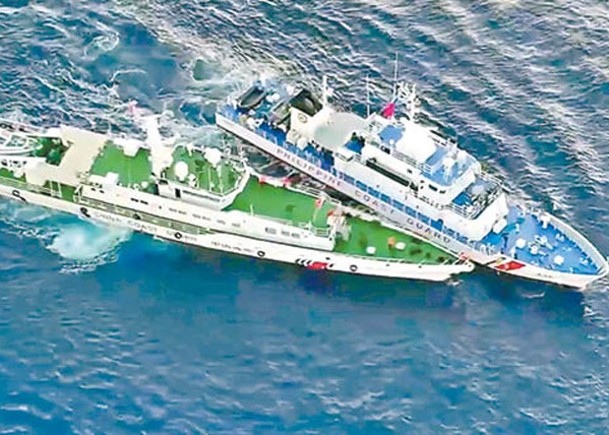 菲律賓辛丹甘號（上）曾與中國海警艇（下）碰撞。