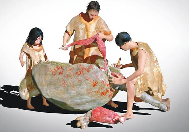 研究團隊以3D技術重構古人類以石器切割動物屍體的畫面。