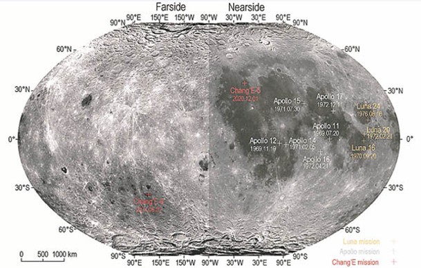 嫦娥五號、六號（紅字示），以及美國阿波羅計劃（白字示）、蘇聯月球計劃（黃字示）在月球表面落點示意圖。