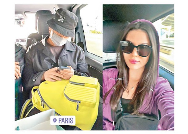 姜濤被Angelina上載抵達法國的照片，見他坐車不忘玩電話。