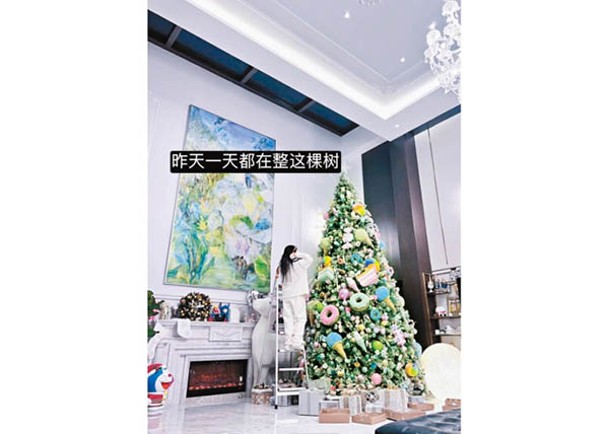 周揚青家有巨型聖誕樹，要擔梯才能布置。