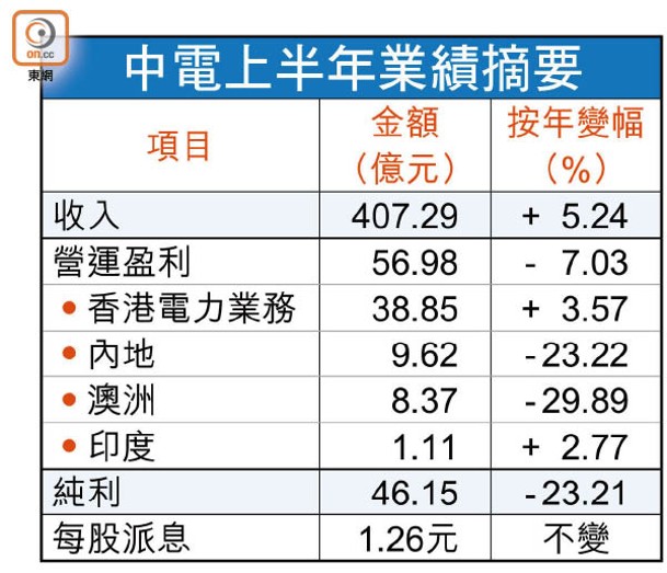 中電上半年業績摘要