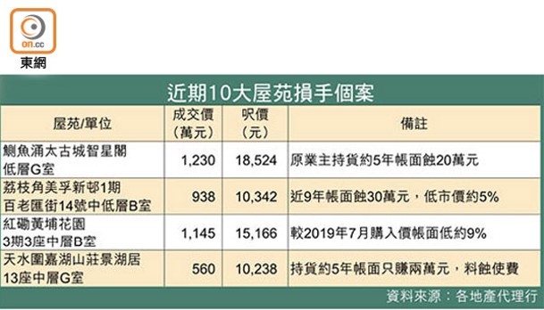 近期10大屋苑損手個案