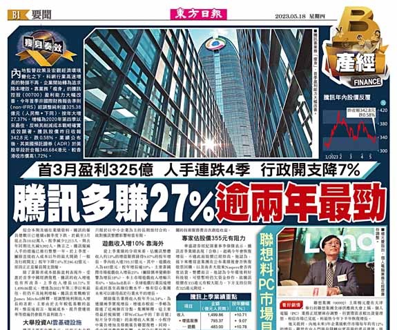 騰訊多賺27% 逾兩年最勁