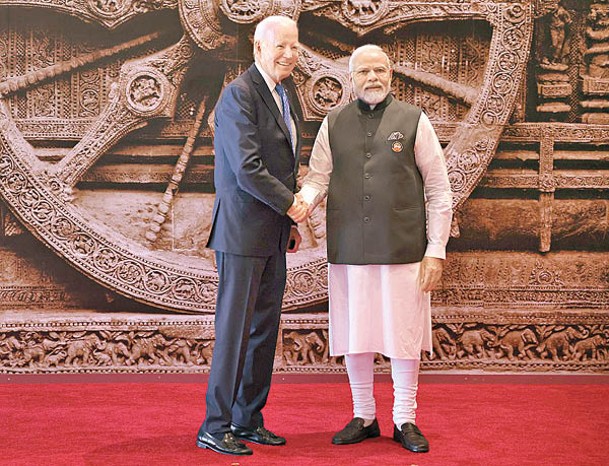 美國與印度在G20峰會上，提出「印度—中東—歐洲經濟走廊」。左為美國總統拜登，右為印度總理莫迪。