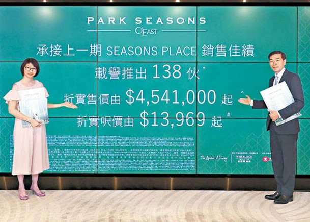 黃光耀（右）稱，PARK SEASONS本周六起收票，最快下周末開售。左為余麗珠。