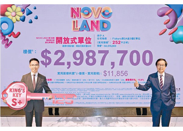 雷霆（右）稱，NOVO LAND第3B期的定價已考慮景觀及坐向因素。左為陳漢麟。