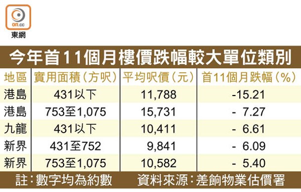 今年首11個月樓價跌幅較大單位類別