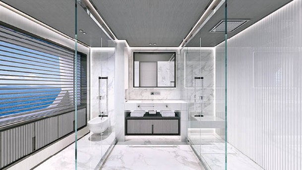 室內設計簡約而奢華，以灰白色為主調，並配上直紋、金屬配件、大理石等元素作點綴。