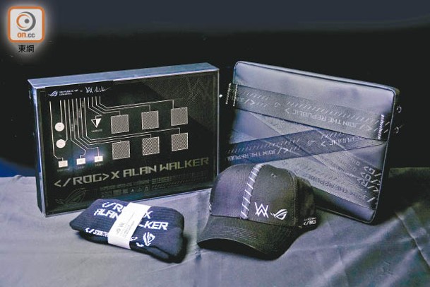 ROG Zephyrus G14 AW SE跟機附有限定版DJ混音器、電腦保護套、襪及帽等配件。