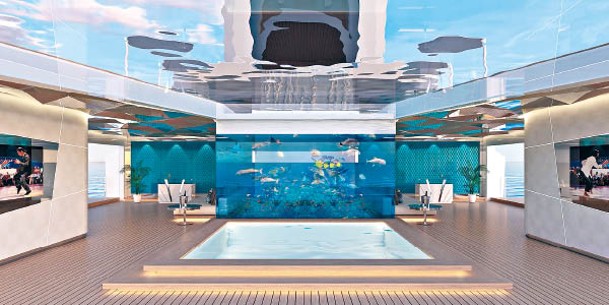 下層甲板設有面積達300平方米的海灘俱樂部，除了游泳池，還設有水族館。
