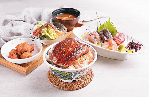 蒲燒鰻魚定食<br>厚身鰻魚啖啖肉又富油香，套餐還包括前菜、小食及味噌湯，分量十足。（b）