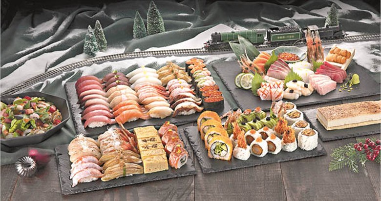 聖誕派對盛<br>有壽司、卷物及刺身之餘，還有黑松露海鮮沙律、北海道布蕾芝士蛋糕和有氣濁酒，適合6至8人分享。