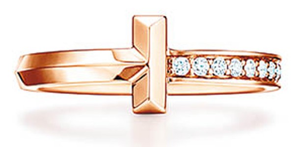Tiffany T1 18K玫瑰金窄版半密鑲鑽石戒指 $14,500（A）