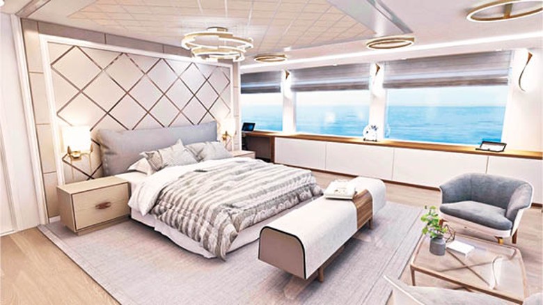 遊艇上設有兩間主人套房、兩間貴賓房及兩間雙床房，可以供最多12位乘客入住。