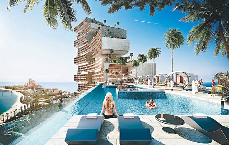 天橋中央設有無邊際泳池，可邊遊邊飽覽棕櫚島的海灣美景。