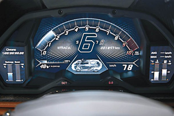 數碼化儀表清晰顯示Supercap混能系統相關的行車數據及資訊。
