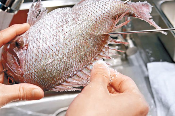 原條魚在燒烤前先在魚鰭和魚尾上抹鹽，可防止燒焦。