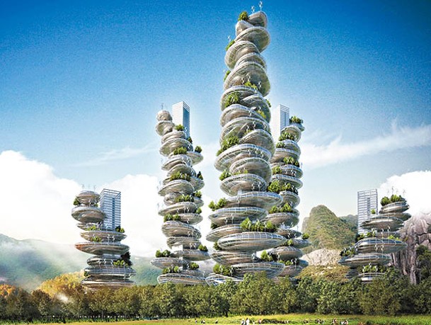 由法國建築團隊設計的綠色巨石塔「ASIAN CAIRNS」旨在建立生產能源多於消耗的新一代城市。