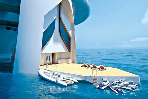 船腳設有摺疊甲板，可連接海面或曬日光浴。