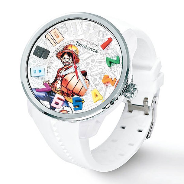 路飛款錶面數字是「草帽一夥」船員的代表顏色，角色圖案採用兩層設計，別具立體感。