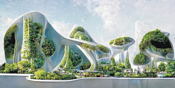 以AI構成的Future Cities，有一系列被藻類包圍的建築，構成一個充滿生機的城市生活環境。