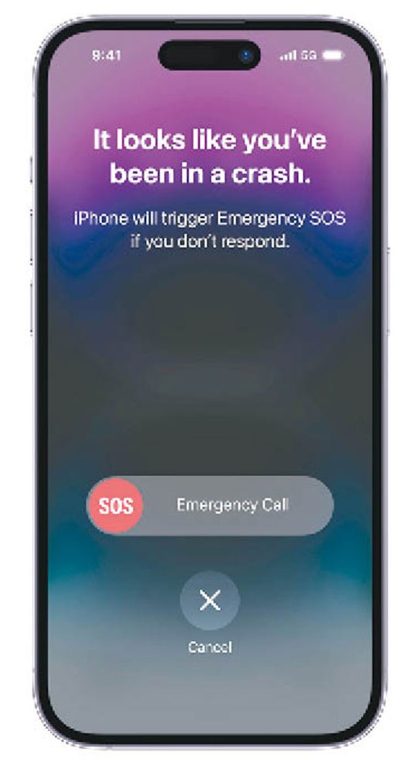 全線iPhone 14均加入「車禍偵測」功能，可偵測256G的G力數據，遇上嚴重車禍時自動致電緊急服務。