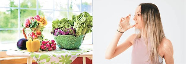 多飲水和吃蔬果，可補充肌膚水分、維他命和膳食纖維，令身體保持活力。