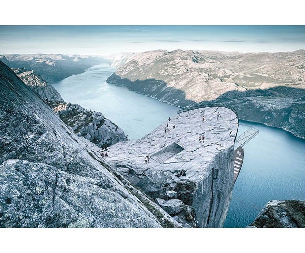 酒店預計建於挪威名勝Preikestolen，頂層的觀景台與懸崖平台相連。