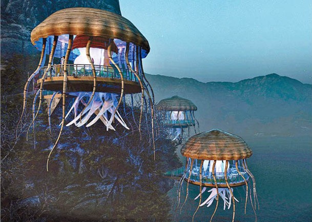 預計設於懸崖或樹頂的「Ocean Restaurant」，猶如一隻隻懸浮在半空的水母。