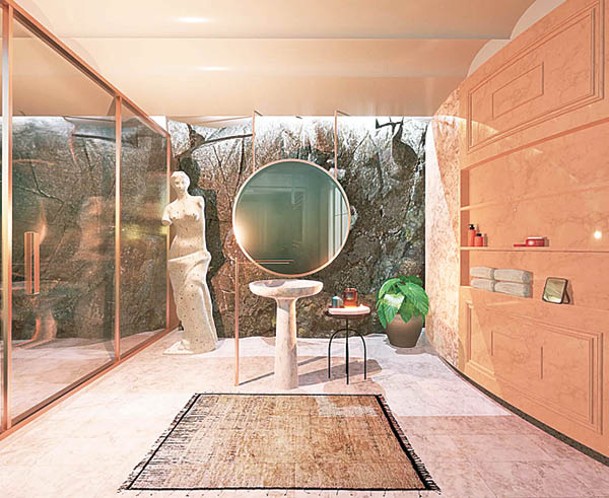 浴室以不同石材裝飾，有天然的，也有經過雕刻和拋光的，甚具氣派。