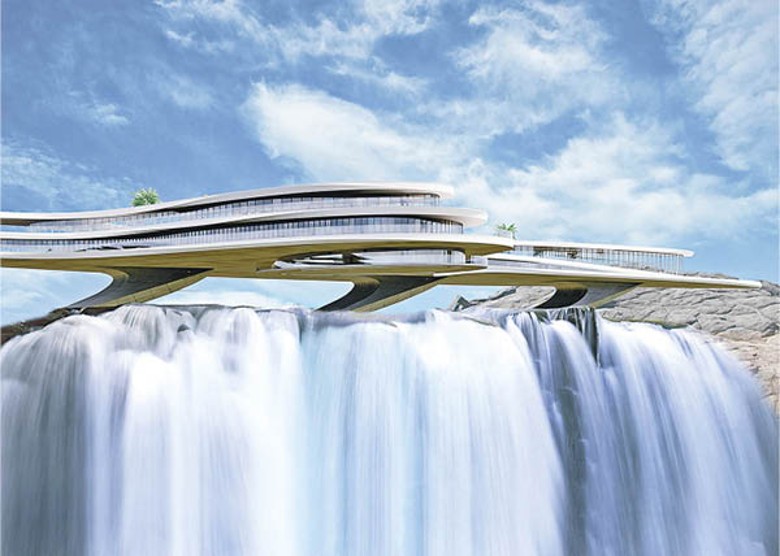 「Luxury hotel over the waterfall」建於瀑布之上，氣勢磅礴。