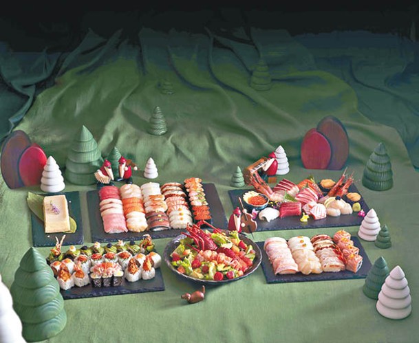 聖誕派對盛（6至8人）<br>有45件極上壽司、26件卷物、22件炙燒壽司、11款極上刺身、龍蝦牛油果凱撒沙律及北海道紐約芝士蛋糕，還附送純米吟釀享用。