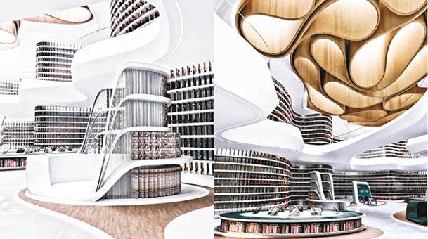 建築物的核心位置是一個充滿未來色彩的圖書館，給人們提供了更開放、更自由的閱讀、互動、協作和會議空間。