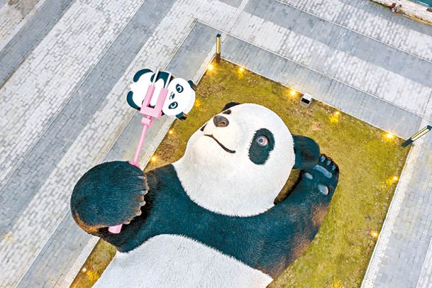 躺在地上、拿着自拍神棍的熊貓，甫士超可愛！