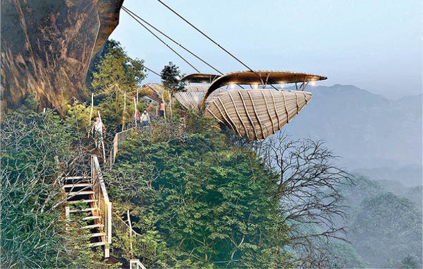 看似懸掛在崖壁的「Sky Treetop Restaurant」，利用竹片來營造層次感。