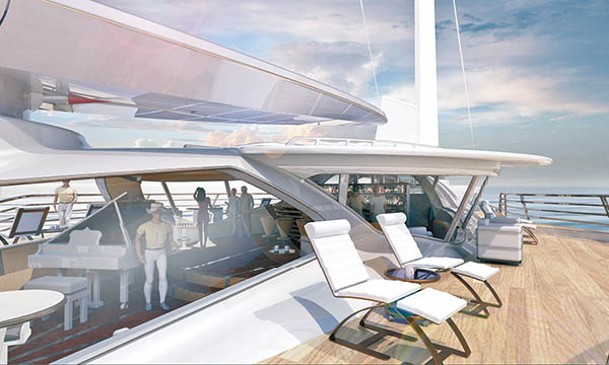 船艙被大面積窗戶覆蓋，提供近乎全景的視野。