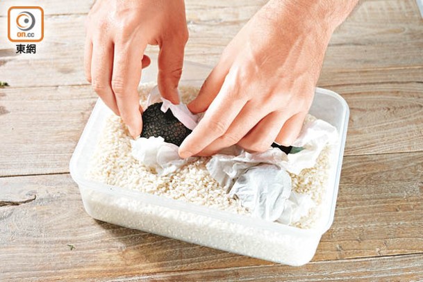 黑松露先包裹紙巾再放入密實盒的米入面，有助保持香氣和濕度。