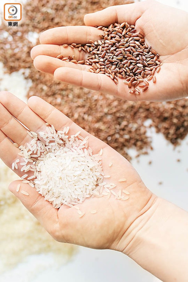 糙米（右）是指沒有被過多加工的白米，相比白米（左）保留了大部分的纖維。