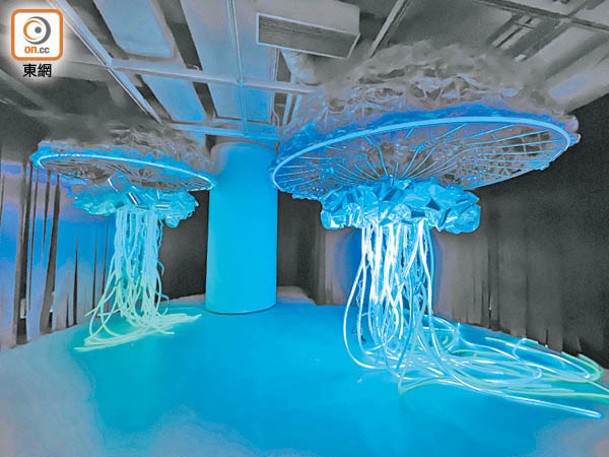 巨型互動光影裝置《萬色水母》，模擬水母感應到其他物種接近時，發出眼花繚亂的光芒，帶來驚艷的視覺效果。