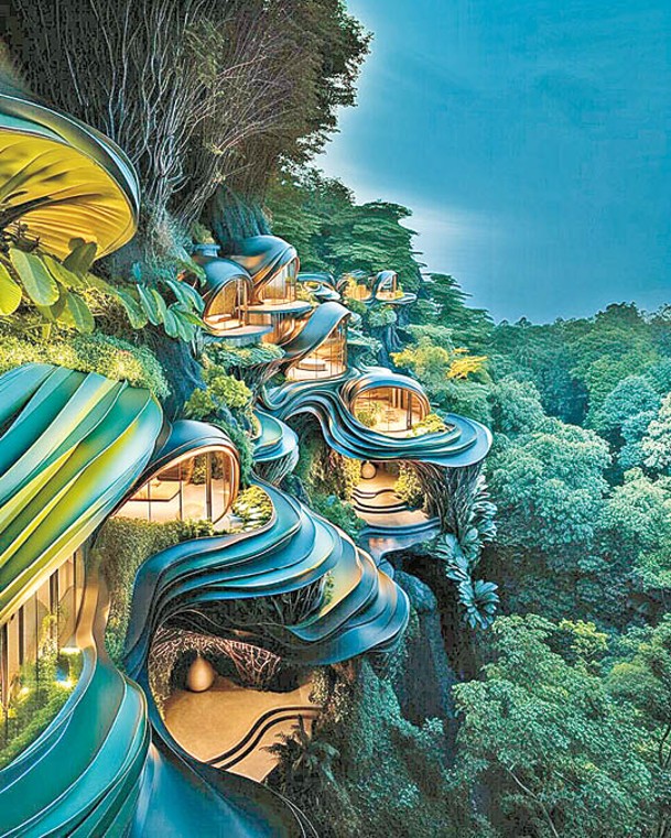 呈墨綠色的「AI Jungle Habitat 2.0」，坐落於熱帶雨林的高處。（ig@arch_jenifer）