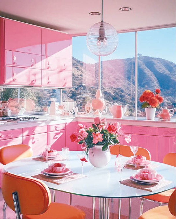 跟情人在這個一片粉紅色的開放式廚房裏撐枱腳，感覺特別浪漫！