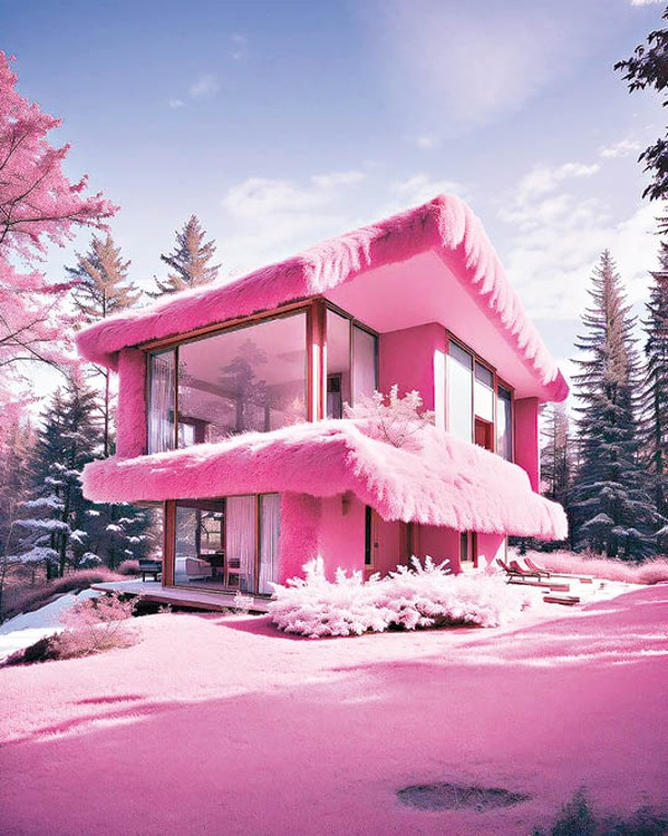 建築物外牆被粉色絨毛覆蓋，猶如穿上了一套溫暖毛衣。（ig@panchevamonika）