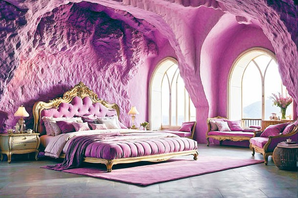 由睡床、地氈、貴妃椅，以至寢具，均選用柔和的淡紫色。（DSGNR 57）