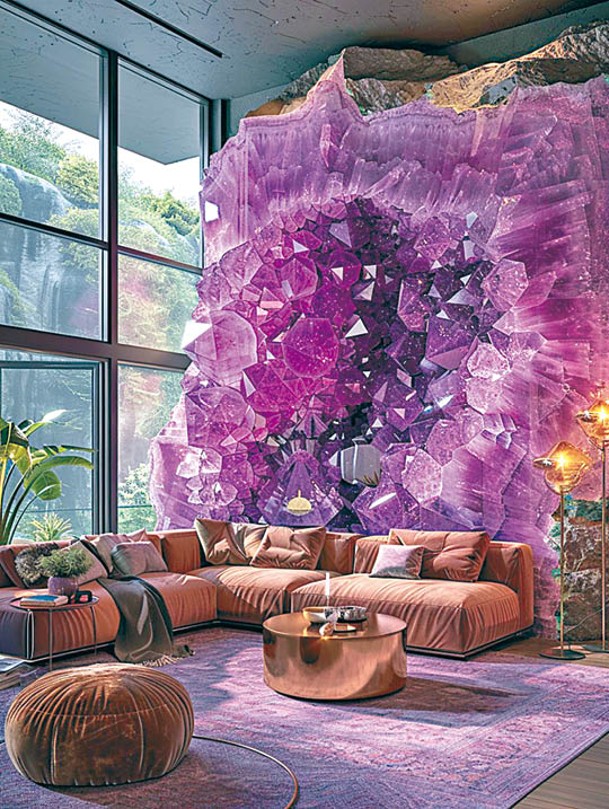 客廳有如此巨大的紫晶洞作為主題牆，要招來貴人易如反掌。（ig@archibotics）