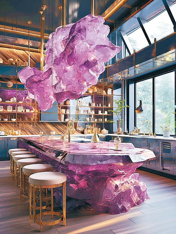以紫水晶作為開放式廚房的中島和吧枱，真是氣派不凡。（ig@archibotics）